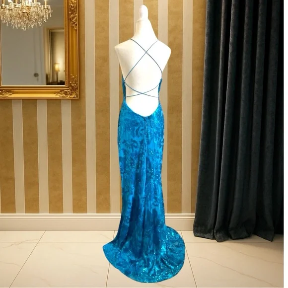 B Darlin Sequin Strappy Back Gown | Turquoise | Size 15/16 XL (Juniors) NWT - Picture 7 of 15
